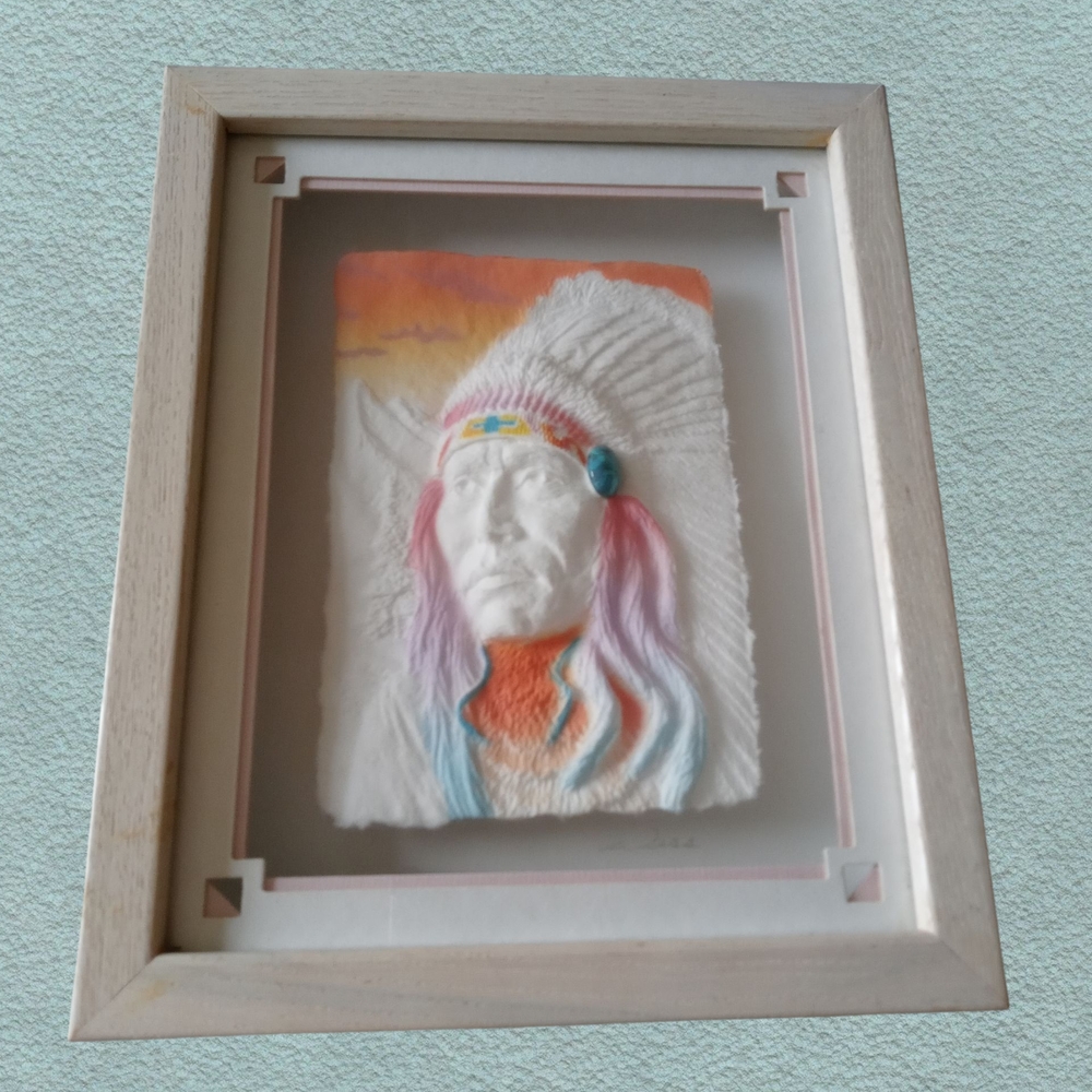 Framed Native American Art with White and Orange Accents